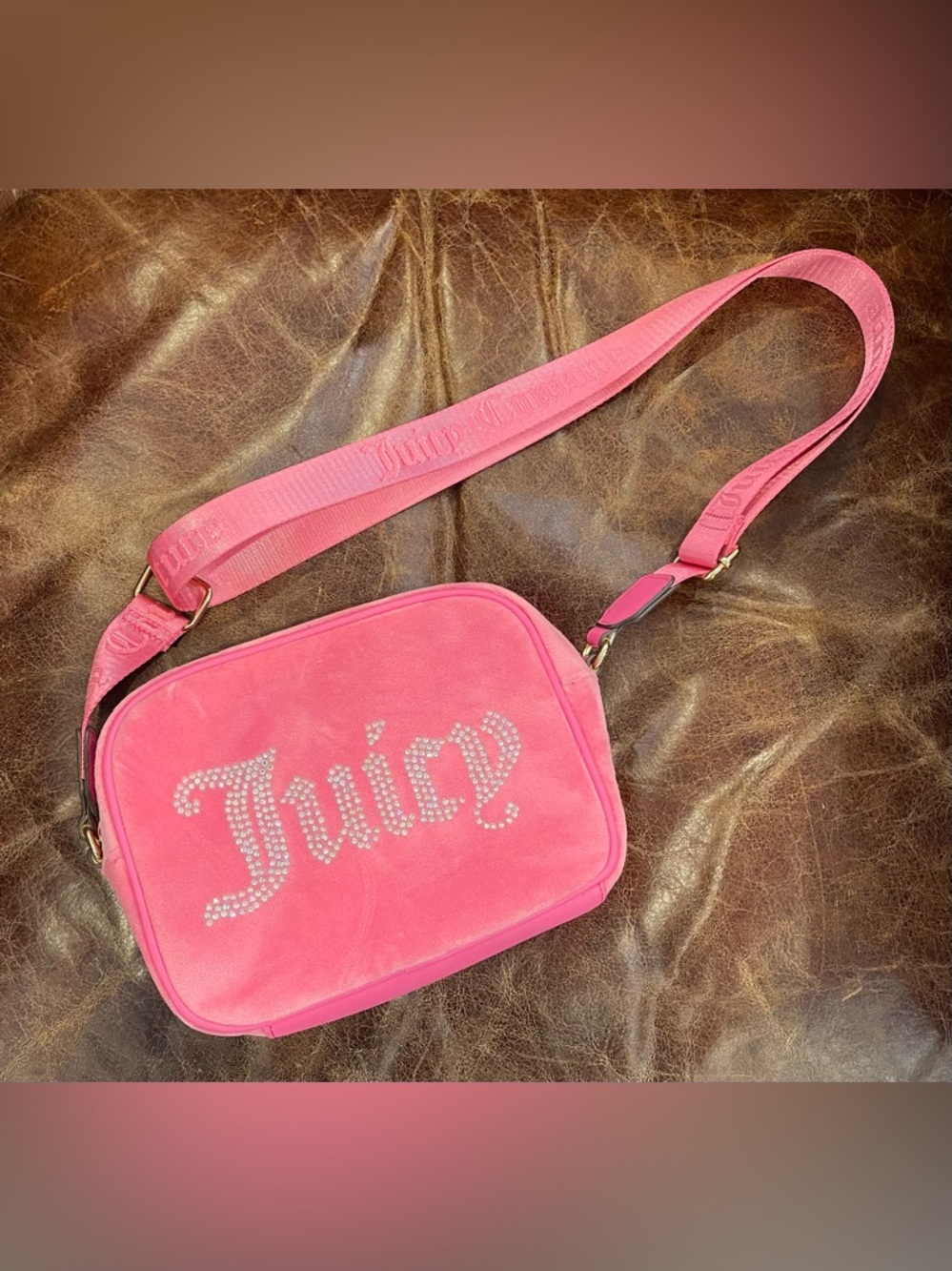 Juicy Couture "Juicy Pink" Obsession Crossbody Bag rhinestone logo bling